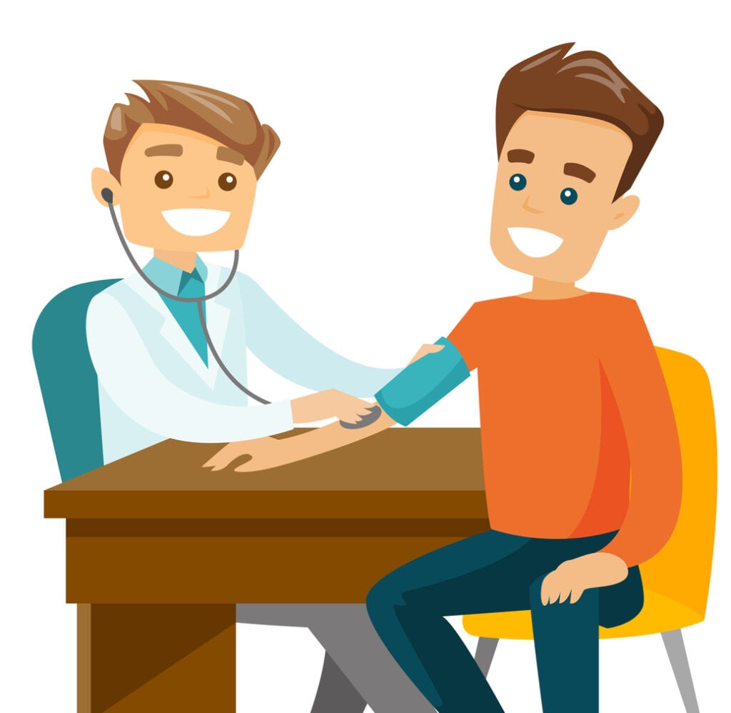 Cartoon doctor checking patient's blood pressure