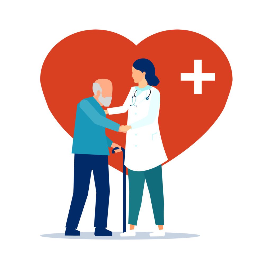 Female doctor assisting elderly man with cane